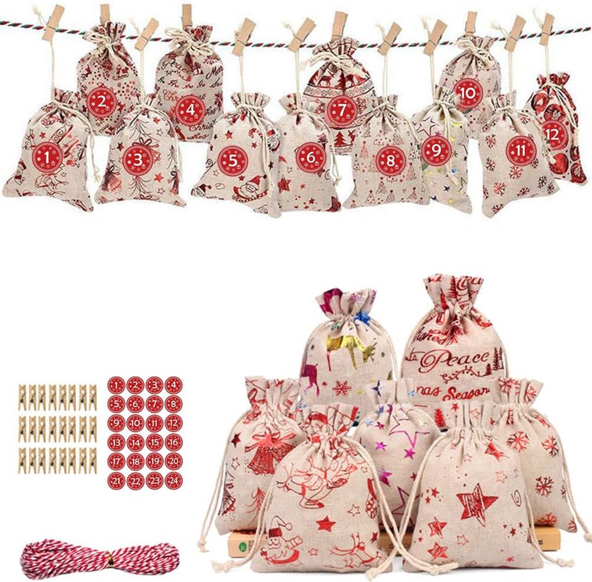 Kerstmis Countdown Jutezakken - Adventskalender Zakjes - Feestdagen Voorbereiden - 24 Stuks Set - 21 x 15 cm - Natuurlijk Linnen