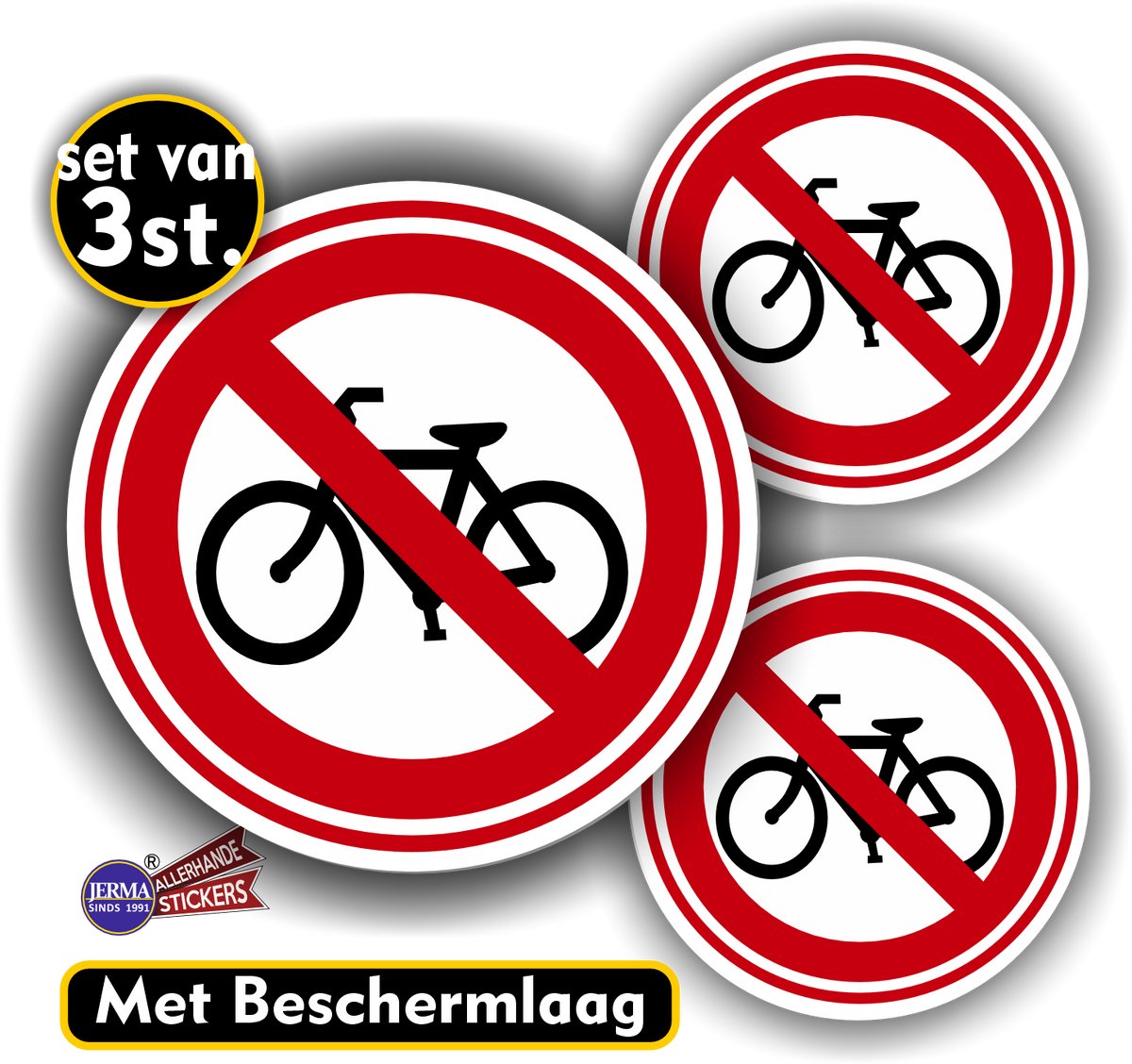 Jerma - Geen Fietsen Plaatsen - Stickers - 3 st. - 1 van 15 cm - 2 van 10 cm - Vinyl - Weerbestendig