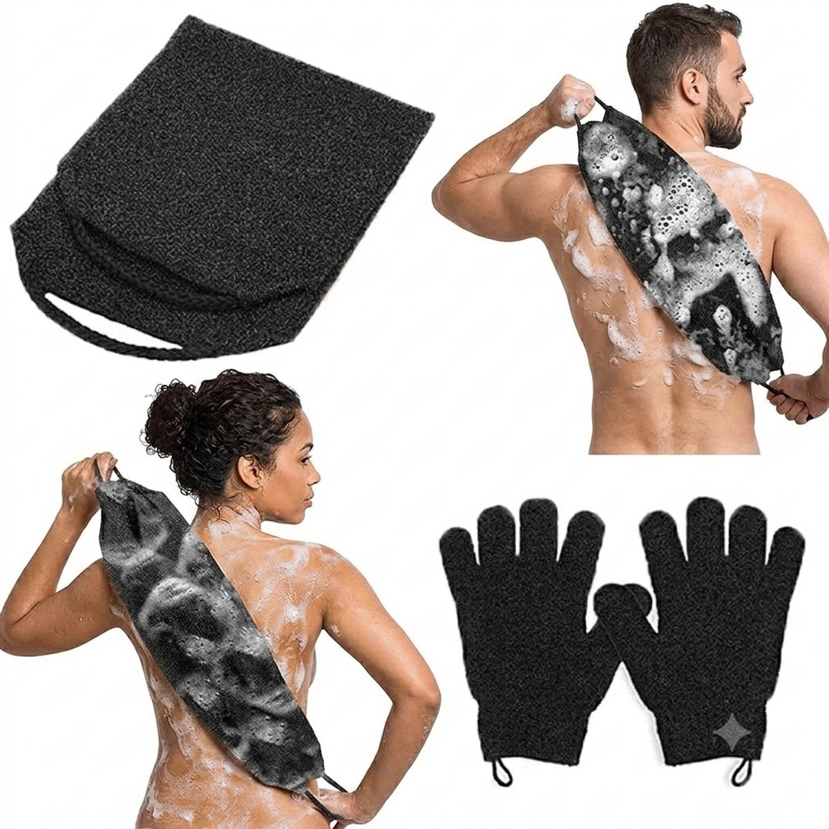Livatto Exfoliërende Badhandschoenenset - Body Scrub Handdoek met Rugreiniger, Dode Huidverwijderaar Wanten voor Douche - Zwarte Exfoliërende Handschoenen voor Dames en Heren