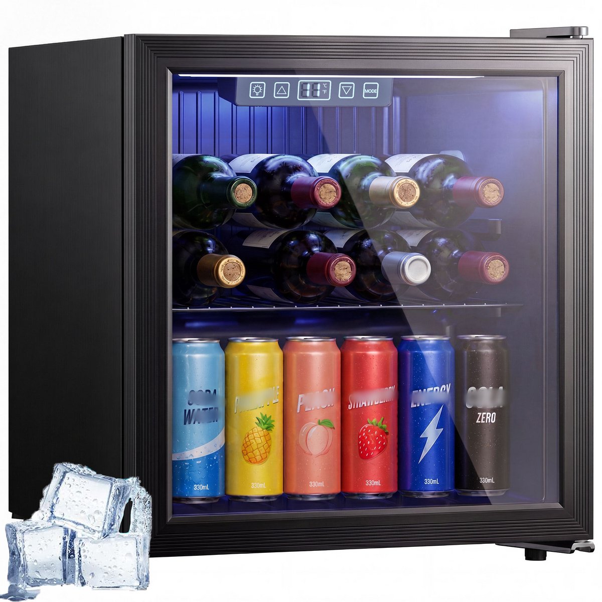TEKROA® Vrijstaande Drankenkoelkast 50L met Glazen Deur - Mini Koelkast voor 48 Blikjes / Bier & Wijn - LED Verlichting & Verstelbare Planken - Zwart