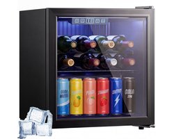 TEKROA® Vrijstaande Drankenkoelkast 50L met Glazen Deur - Mini Koelkast voor 48 Blikjes / Bier & Wijn - LED Verlichting & Verstelbare Planken - Zwart