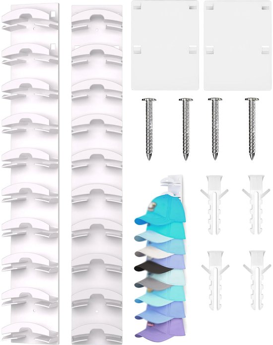 Een set witte opbergrekken voor 20 petten, inclusief schroeven, pluggen en een blauwe pet.