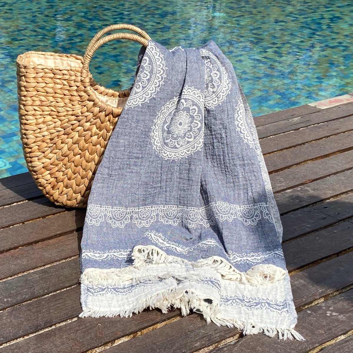 Fashion4wellness Hamamdoek Bohemia Dark Blue / FOUTA - STRANDLAKEN - SAUNADOEK - 95 x 175 CM KATOEN