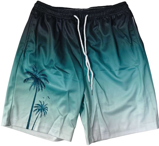 Maillot de bain noir et turquoise avec effet tie-dye et imprimé palmier. Ceinture élastique avec cordon de serrage.