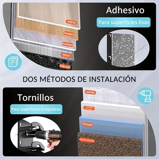 Instructies tonen twee installatiemethoden: plakken op gladde oppervlakken (glas, hout, tegels, metaal, marmer) of schroeven op onregelmatige oppervlakken (baksteen, gipsplaat, geverfd, behang).