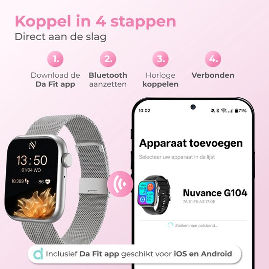 Nuvance Smartwatch Dames - Smartwatch Heren - Stappenteller Horloge Dames - Hartslagmeter - Sporthorloge - Geschikt voor iOS/Android - Incl. 5 Bandjes - Zilver