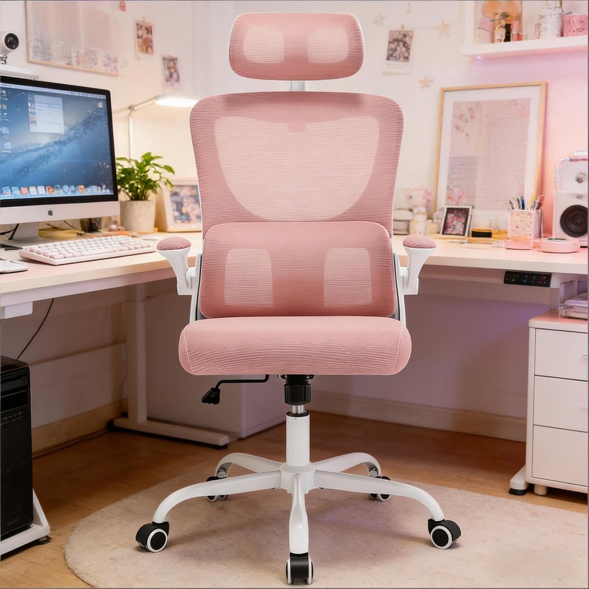Ergonomische bureaustoel - Mesh stoel - Comfortabel werken - Verstelbare hoofdsteun - Tot 150 kg - Roze