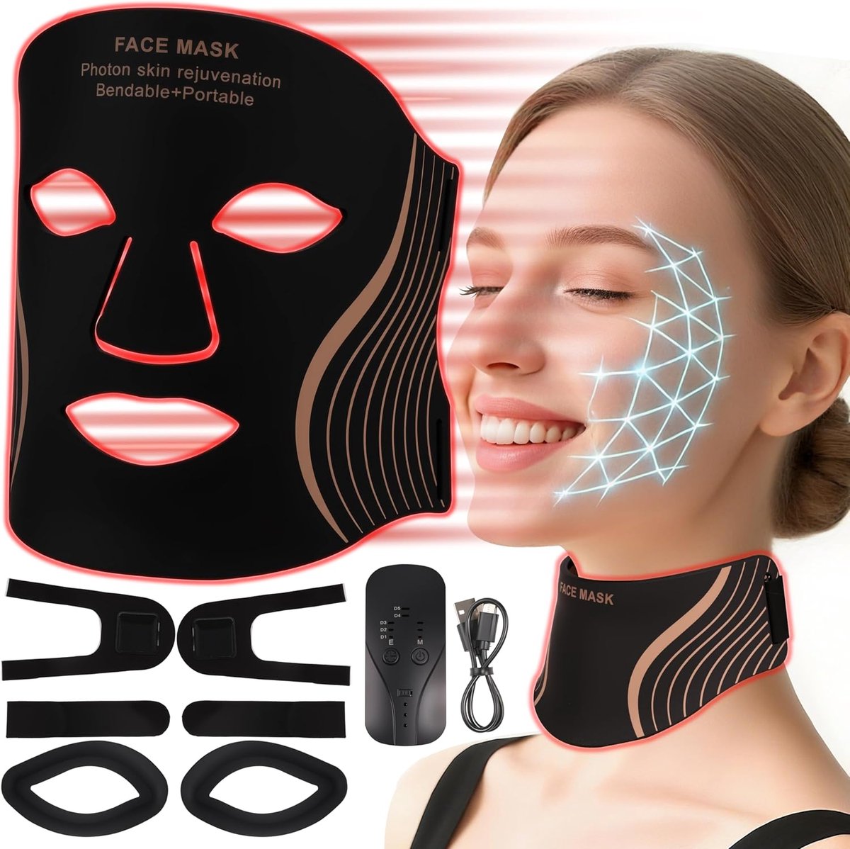 Lichttherapie Masker - Gezichtsverzorging LED - Huidverbetering Thuis - Gezicht en Nek - 7 Kleuren - Wit