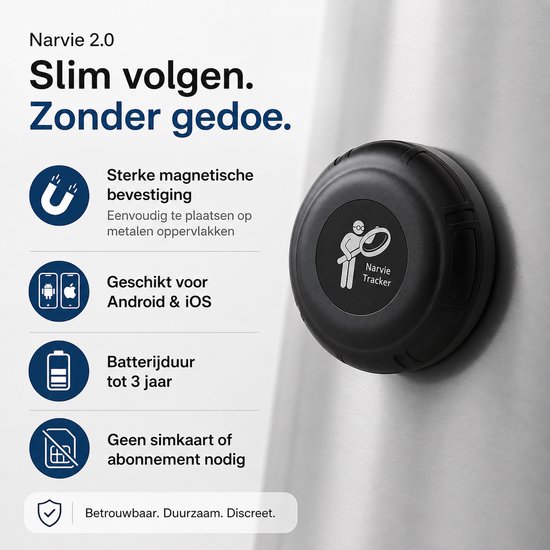 Narvie GPS Tracker 2.0 – Zonder abonnement – Tot 3 jaar batterij – Draadloos terugvinden via Apple & Google netwerk – Sleutels, fiets, koffer & huisdier – Compact & krachtig
