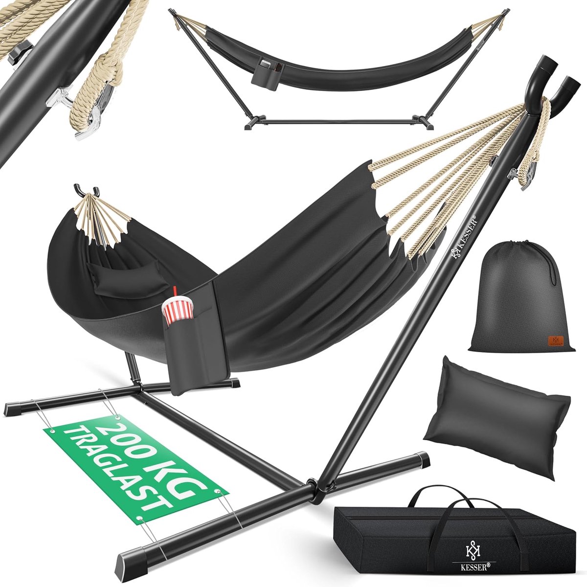 Dubbele Hangmat - Met Frame - Buiten Ontspannen - 200 kg Belastbaar - XXL - Antraciet