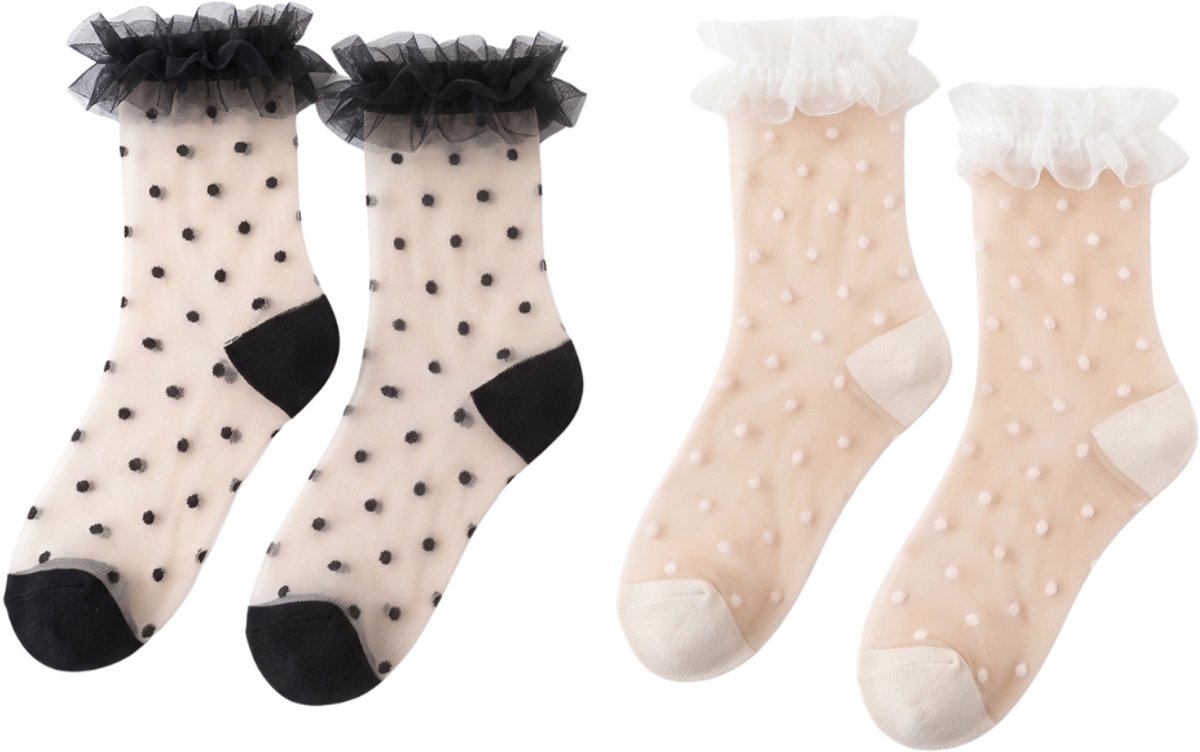 Memoi Polka Dot Lace Cuff Dames Crew Sokken - 2 Paar - Black/White, Maat 9-11