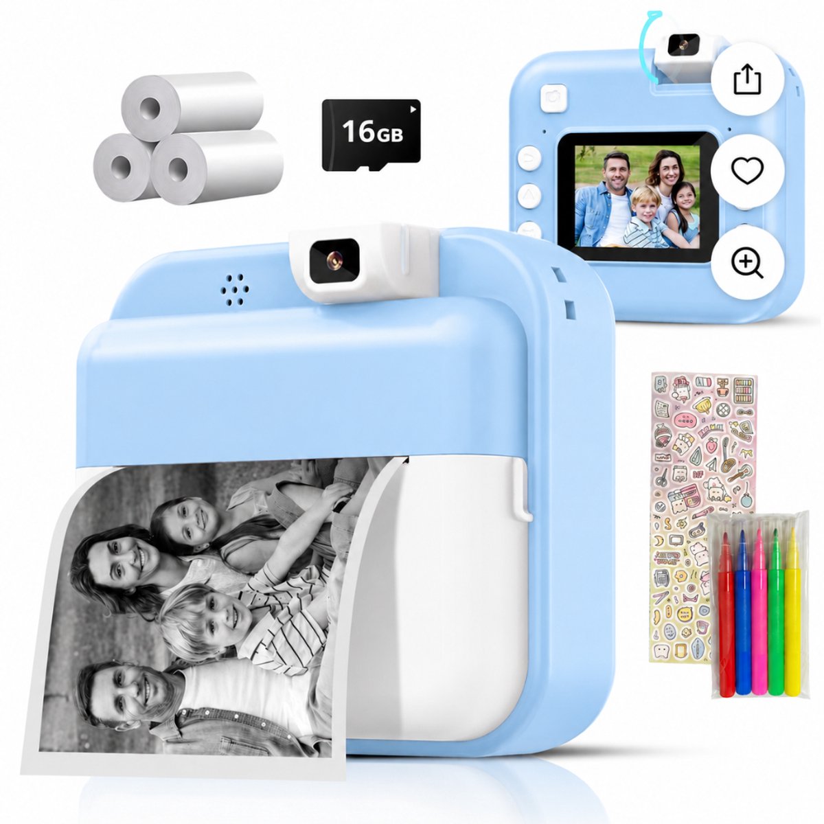 Luumuu® Digitale Kindercamera Met Foto Printer - Fototoestel Voor Kinderen - Kinder Fotocamera Instant Print- Speelgoed Video Camera Kind - Vlogcamera Kids - Sd Kaart 16GB - Blauw