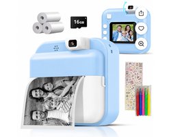 Luumuu® Digitale Kindercamera Met Foto Printer - Fototoestel Voor Kinderen - Kinder Fotocamera Instant Print- Speelgoed Video Camera Kind - Vlogcamera Kids - Sd Kaart 16GB - Blauw - Incl. Ebook