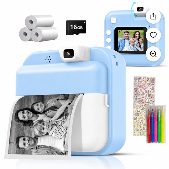 Blauwe digitale camera met gezinsfoto op scherm en zwart-wit afdruk. Bevat 16GB SD-kaart, printpapier en stickers.