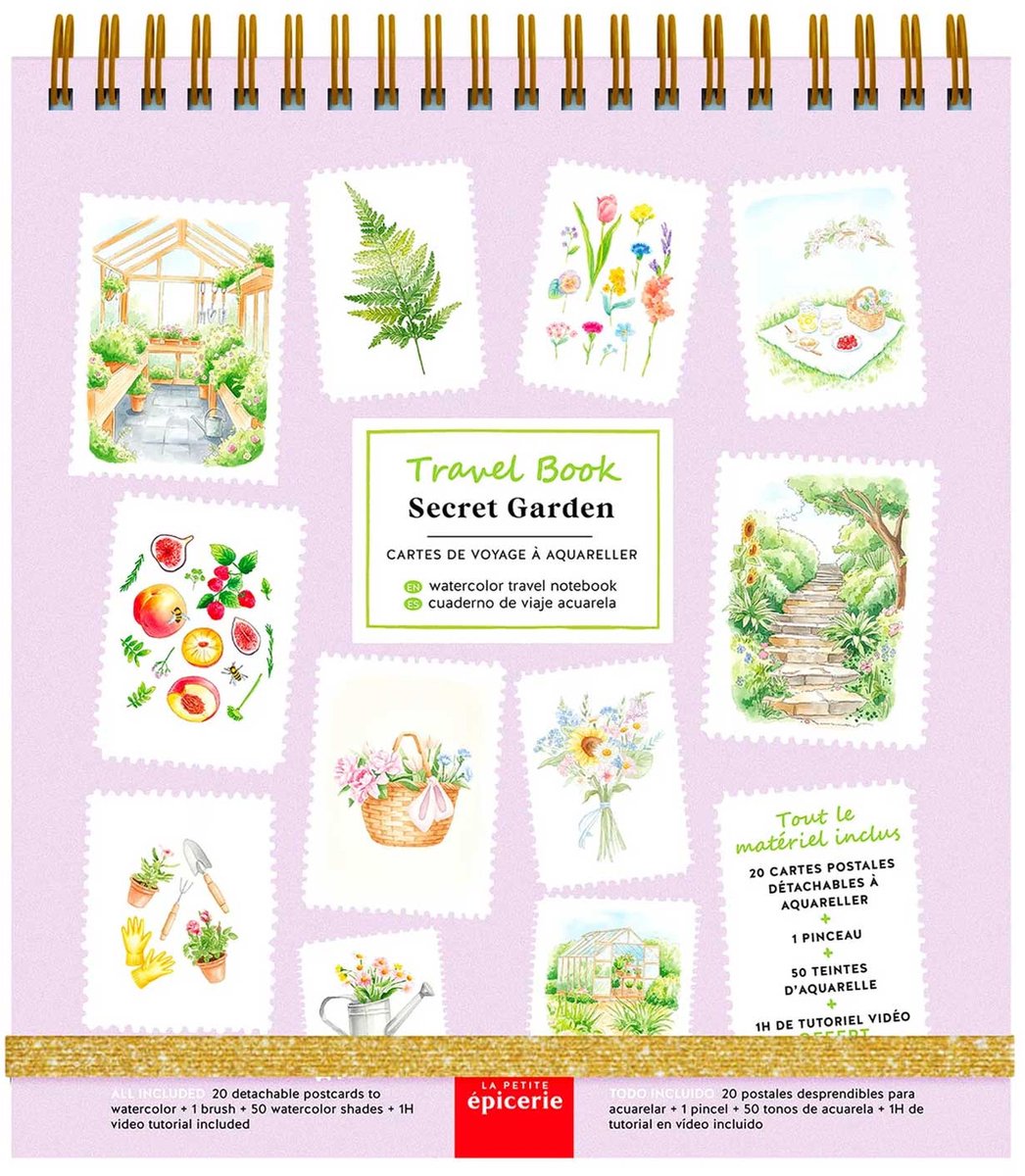 Aquarel Travel Set - La Petite Epicerie Aquarel Travel Book Secret Garden - Travel Book 20 ansichtkaarten om te aquarellen papier, 1 penseel, 1 palet met 50 aquareltinten 13 x 18cm