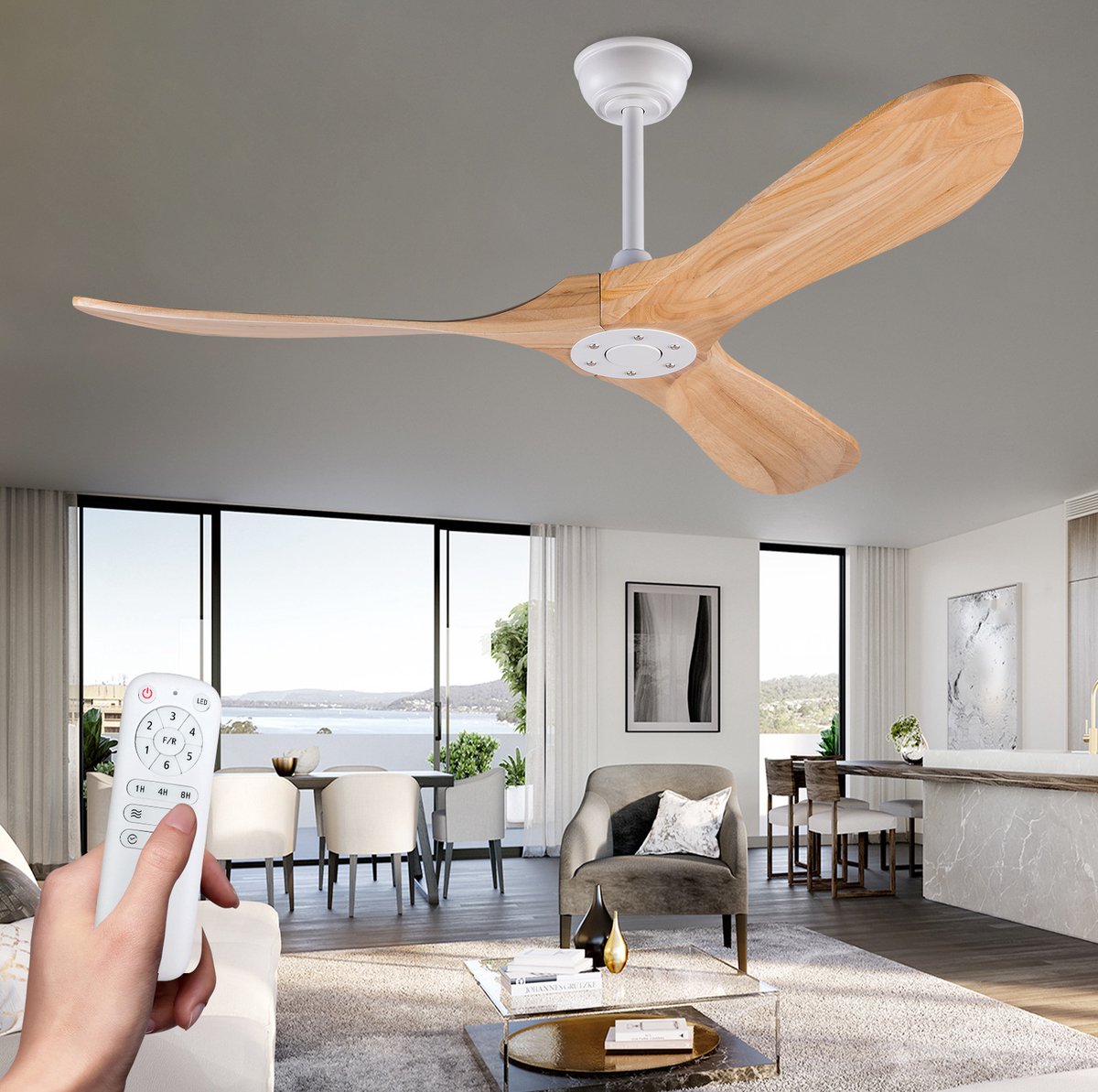 HAUSS SPOLE Ventilator – 52 Inch Plafondventilator Met 3 Houten Bladen En Afstandsbediening – 132 Cm – Metaal En Hout – Wit En Naturel – Voor Woonkamer En Terras