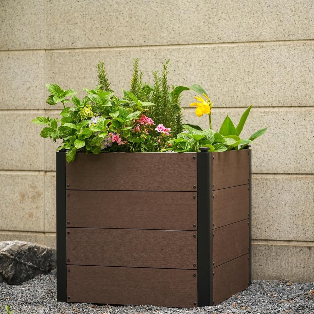 Vierkante Moestuinbak met Houtlook - Verhoogde Plantenbak van WPC Composiet - 64 x 64 x 60 cm - Extra Hoge Bodemloze Kweekbak - Voor Groenten, Kruiden en Bloemen - Bruin