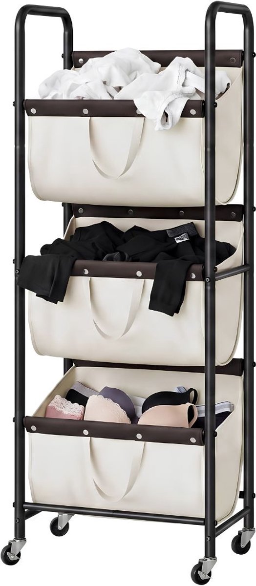 SP® Wasmand - 120L Wasmand 3 Vakken - Wassorteerder - Zwart/Beige - 52cm x 33cm x 138cm