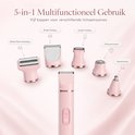 Roze ladyshave met 5 verwisselbare koppen: brede folie-scheerkop, brede trimkop, smalle trimkop, precisietrimmer en neustrimmer.