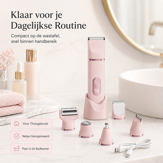 Roze ladyshave met 5 opzetstukken, houder en USB-kabel op een badkamermeubel.