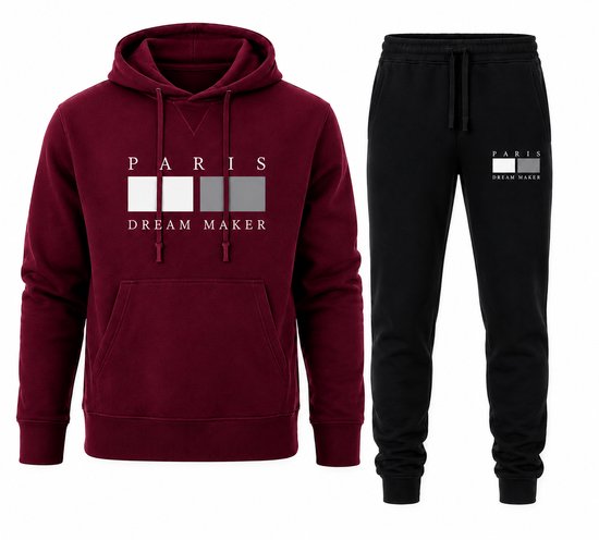 Bordeauxrode hoodie en zwarte joggingbroek, beide met 'PARIS DREAM MAKER' opdruk.