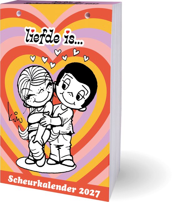Calendrier à effeuiller Liefde is... 2027 avec un couple amoureux s'enlaçant sur fond de cœurs.