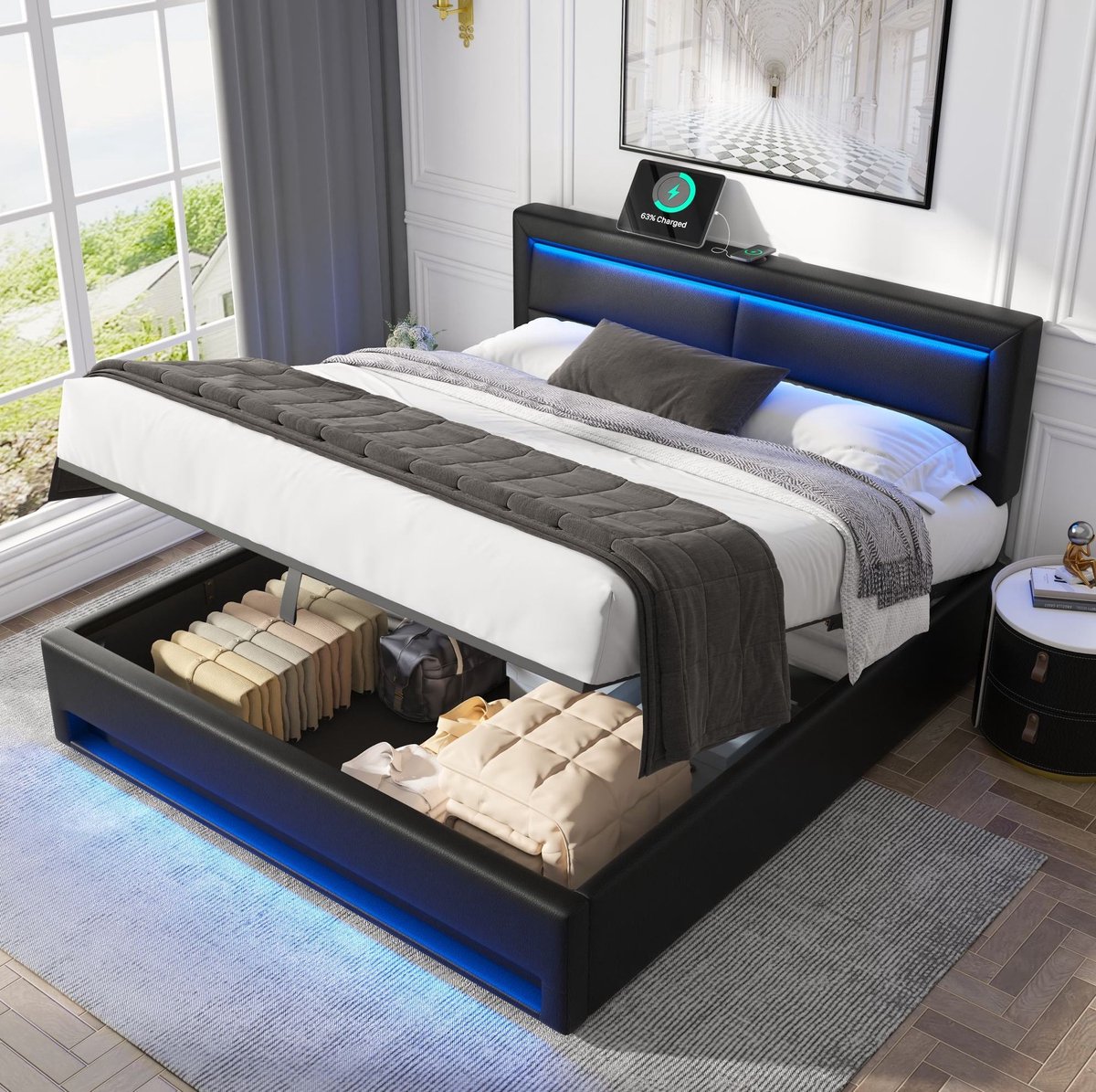 MEUNIQ gestoffeerd tweepersoons bed 140x190 cm met USB, draadloos en bekabeld opladen, LED-verlichting, opbergruimte en lattenbodem, zwart kunstleer