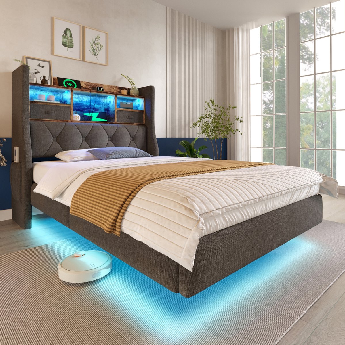MEUNIQ gestoffeerd eenpersoonsbed 90x200 cm met LED-verlichting, opberghoofdbord, USB en T
