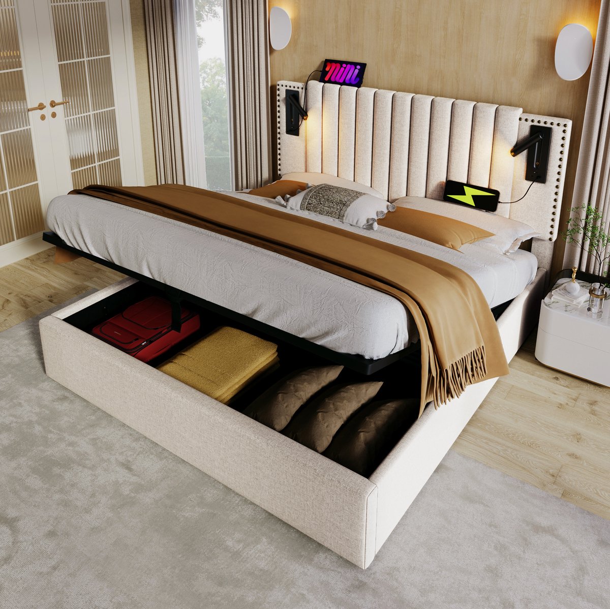 MEUNIQ gestoffeerd tweepersoonsbed 140x200 cm met opbergruimte, lattenbodem, verstelbaar h