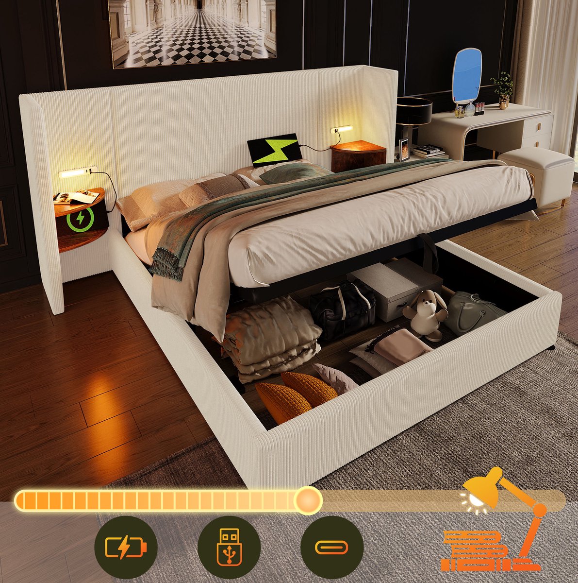 MEUNIQ tweepersoons bed 160x200 cm met opbergruimte, leeslamp, 2 USB en 2 Type-C, gestoffe