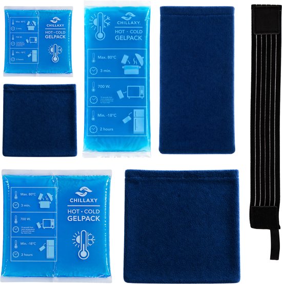 Twee blauwe gelpacks met witte iconen, twee donkerblauwe hoezen en een zwarte elastische band met witte strepen.