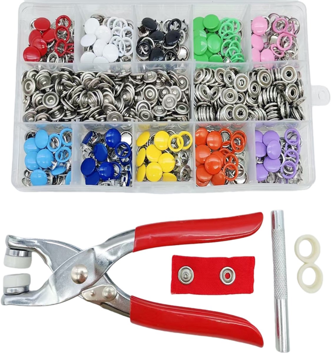 KZQ 200-delige drukknopen set 9,5 mm - 10 kleuren metalen ringdrukknopen met tang - Geschikt voor naaien knutselen en kledingreparatie - Multicolor