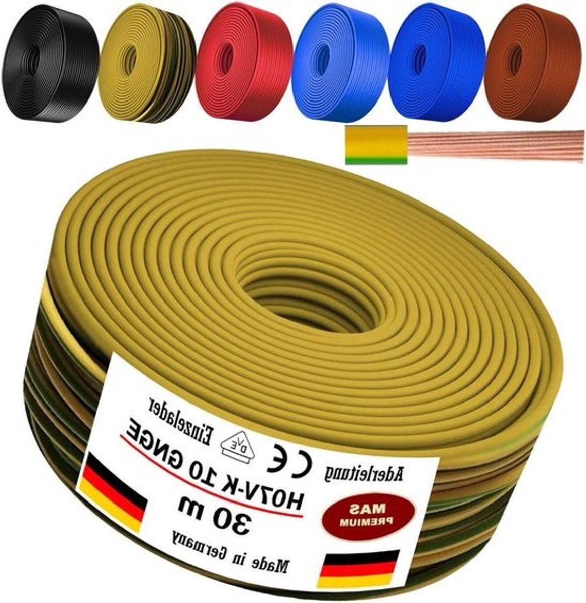 Aderkabel H07 V-K 1x10 mm² zwart, bruin, donkerblauw, groengeel, lichtblauw of rood enkele aders flexibel 5m, 10m, 20m, 25m, 30m, 40m, 50m tot 100m (groengeel, 30m)