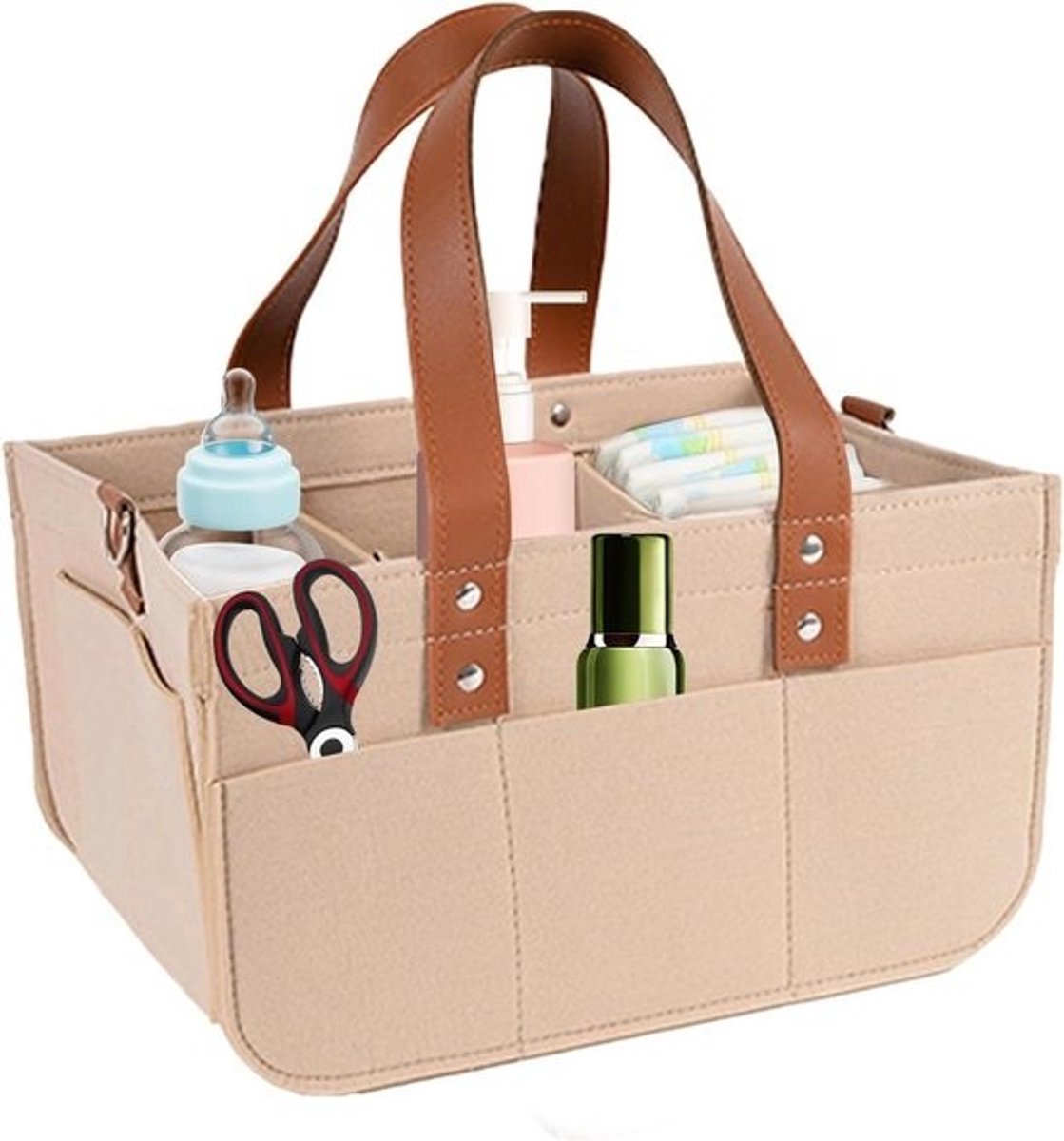 Opbergtas Luiers - Baby Organizer - Baby Spullen Meenemen - Stevige Vilt Structuur - 38x23x18 cm - Beige