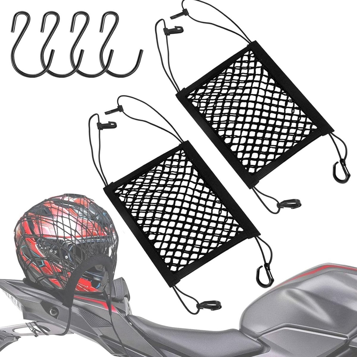 Set van 2 Verstelbare Elastische Ladingnetten voor Motorfiets en Fiets met Haken, Ideaal voor Bagage en Transport