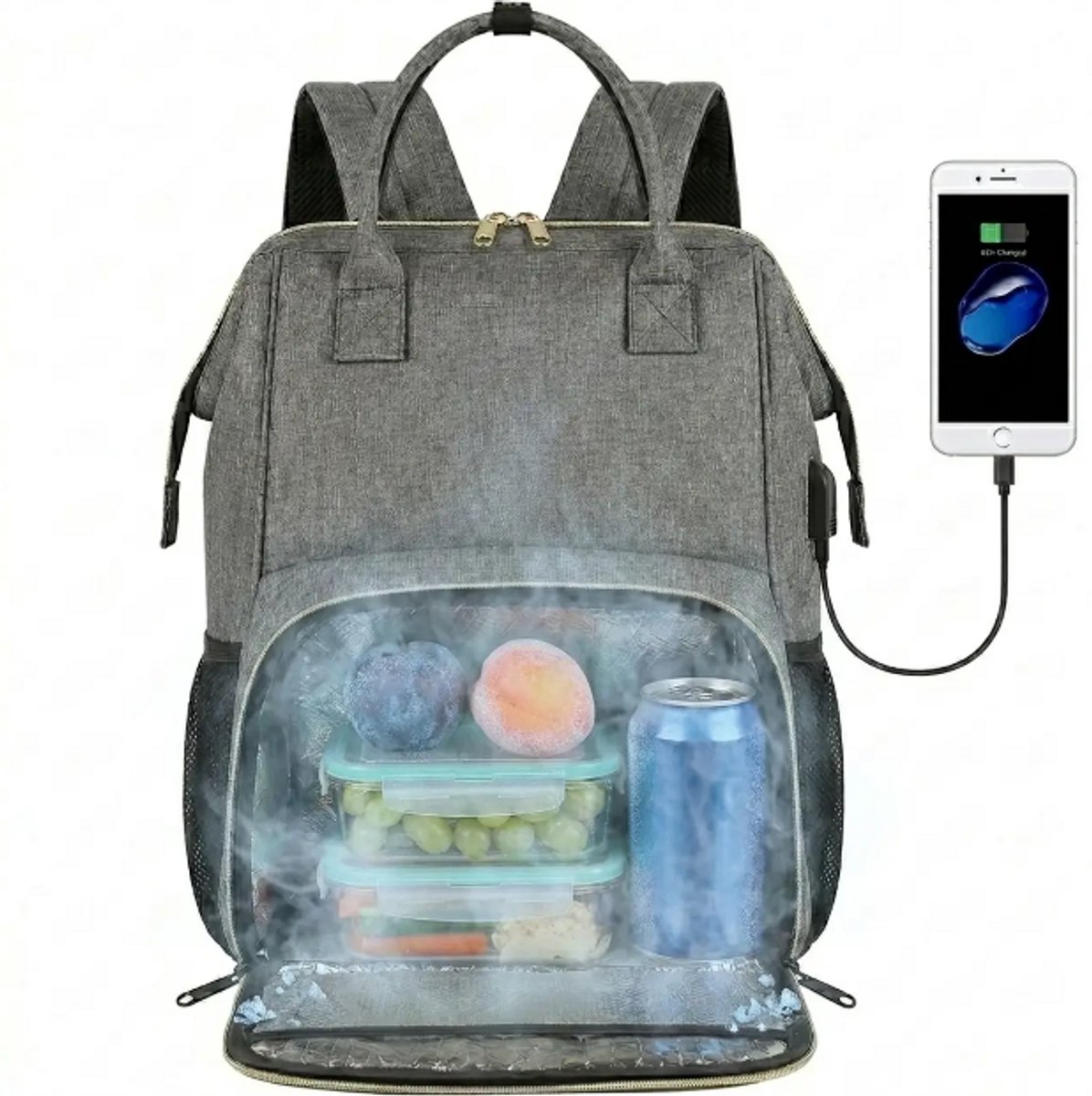 Koelrugzak met USB-aansluiting – Isolerende Thermische Lunchrugzak – Koeltas voor Eten en Drinken – Ruime Opbergruimte – Waterafstotend – Grijs