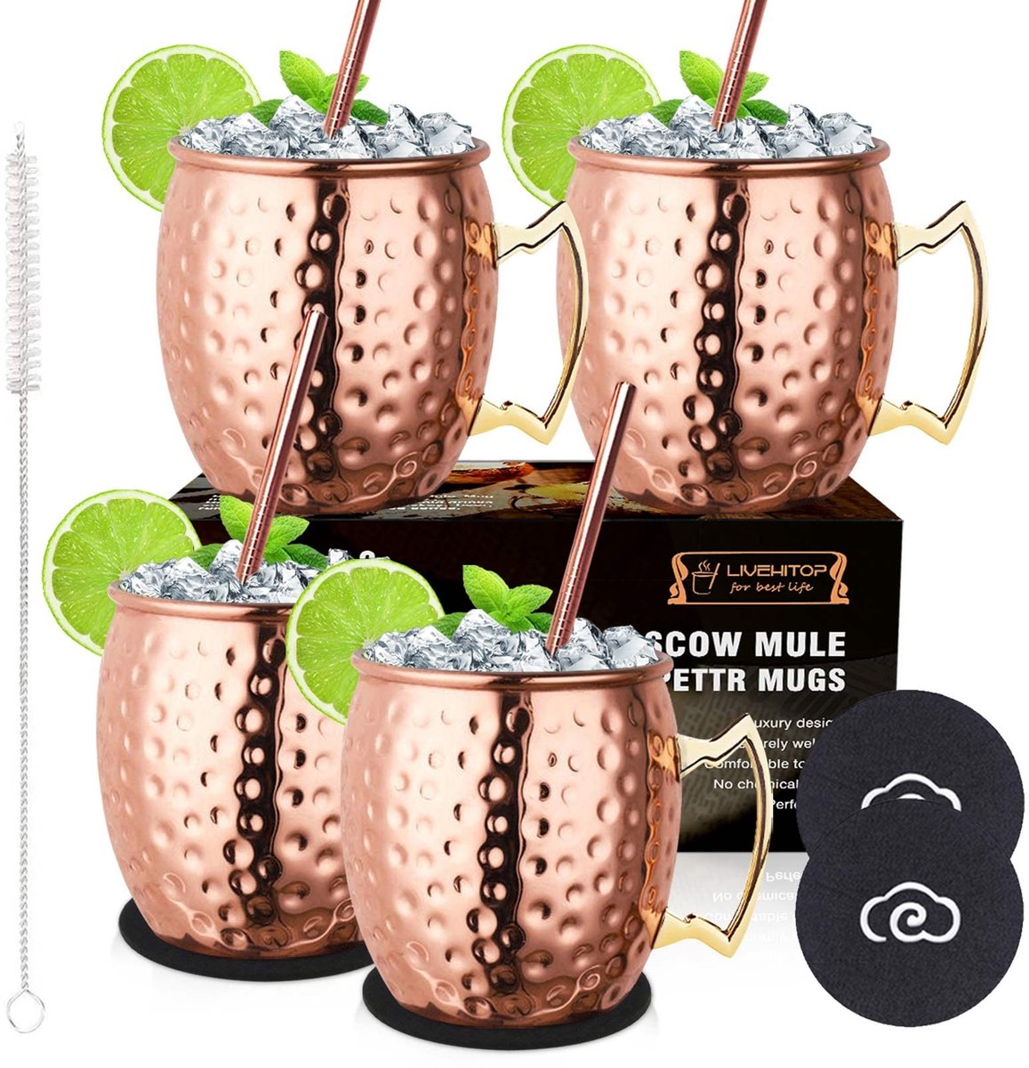 Moscow Mule Koperen Mok Set - Handgemaakt met 4 Coasters