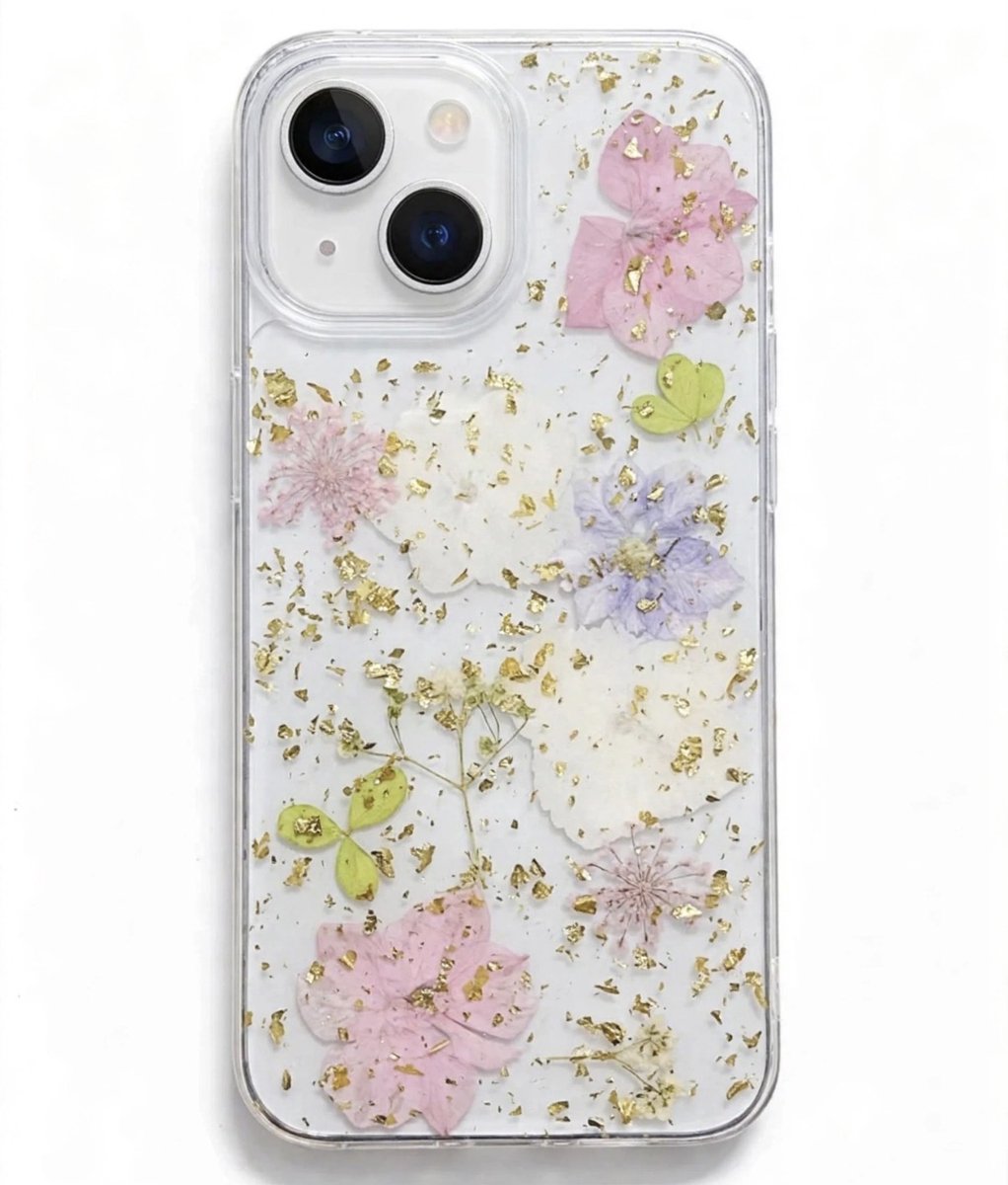 Vrolijk telefoonhoesje met echte gedroogde bloemen - iPhone 15 - lichtroze