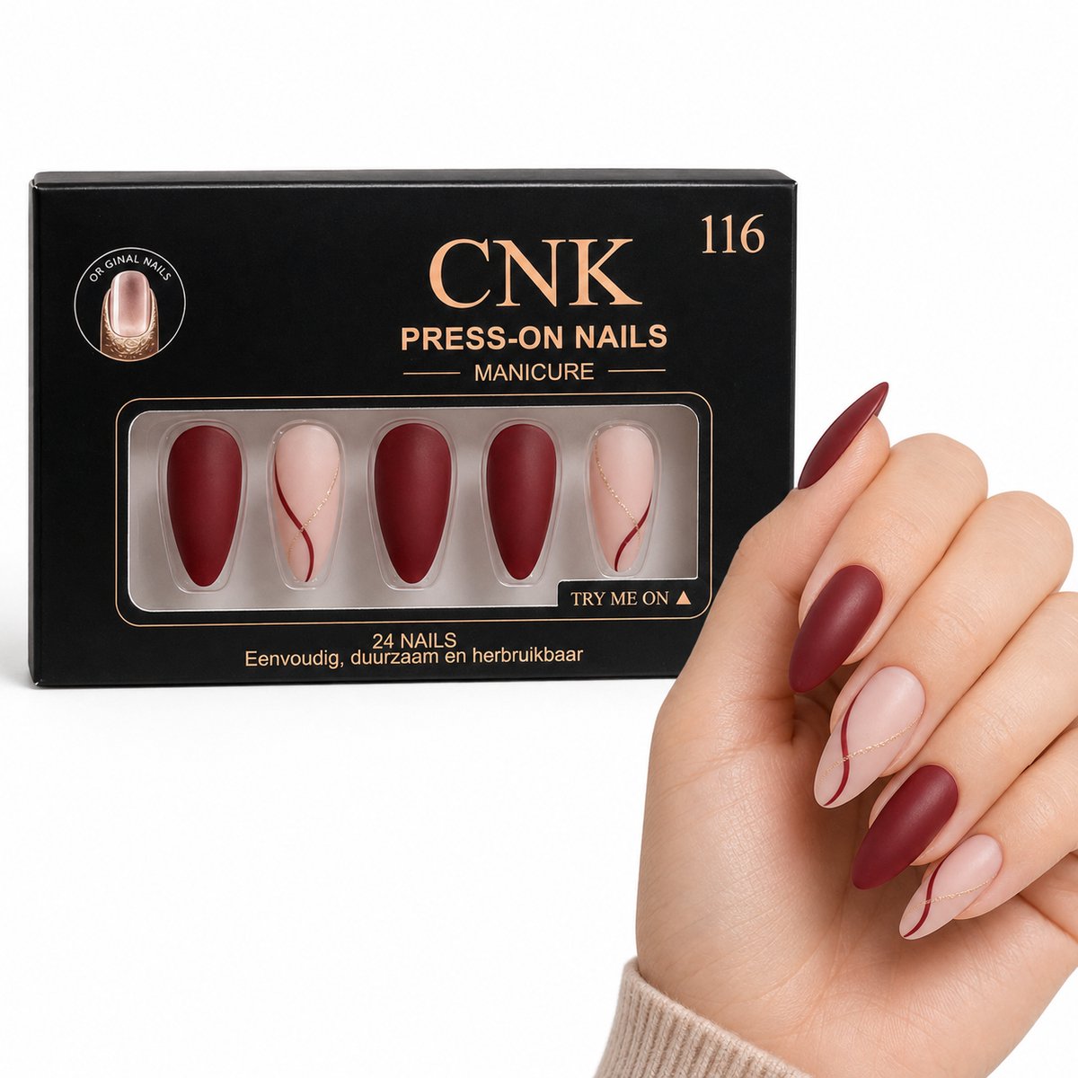 CNK 116 Press On Nails - Plaknagels - 24 Kunstnagels met Nagellijm, 24 Zelfklevende Plakstickers, Cleaner Wipe, Nagelvijl, Woodstick & Size Matcher - Nepnagels voor 7-14 Dagen - Herbruikbare Press-On Nagels - Starterspakket voor Manicure & Nail Art