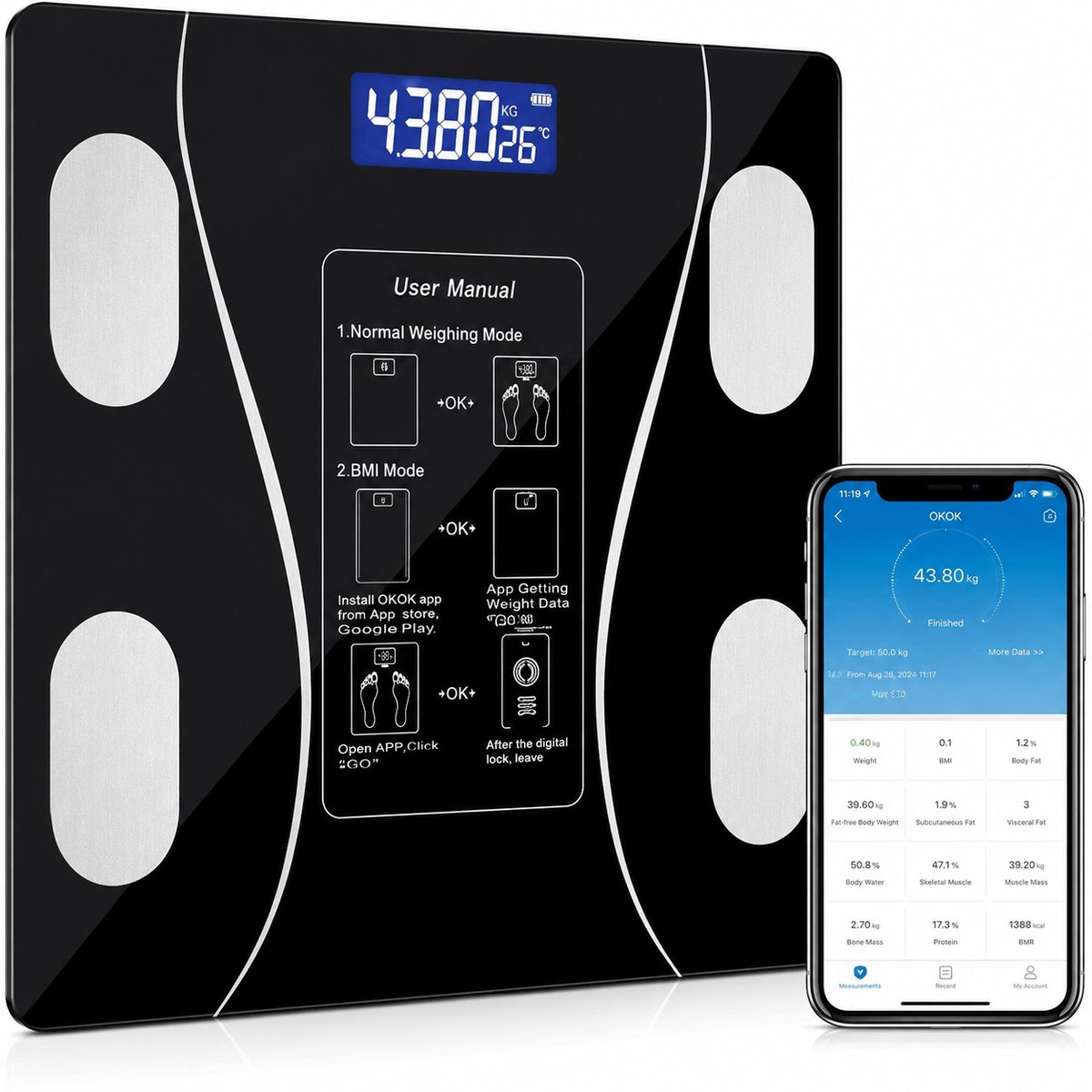 Veya Slimme Weegschaal - Weegschaal - Weegschaal personenweegschaal - Weegschaal met lichaamsanalyse - 26cm - Max 180kg - BMI