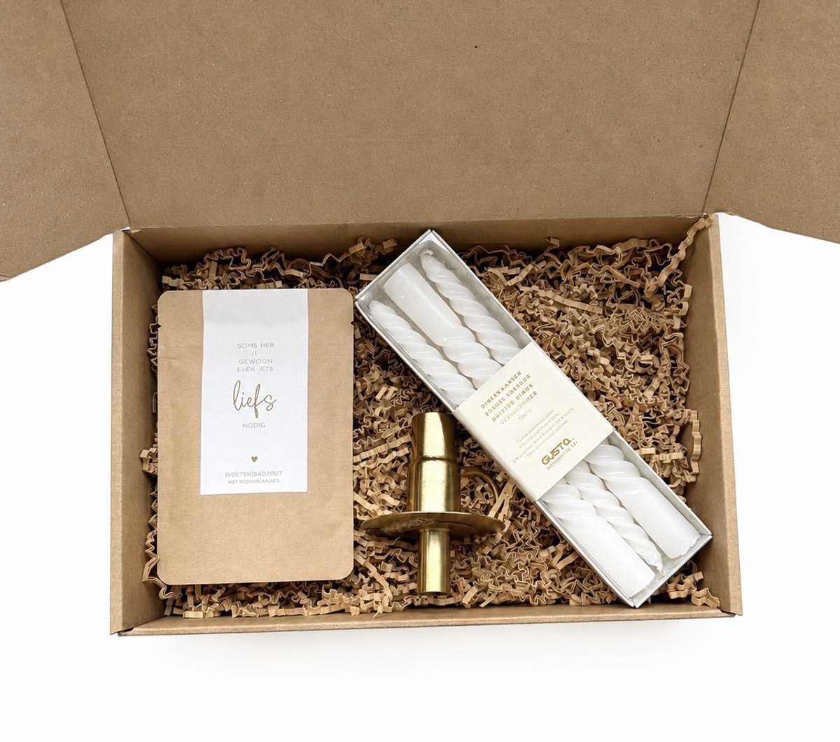 Cadeaupakket Ontspanmoment met badzout, fleskandelaar & swirl dinerkaarsen - cadeaudoos - geschenkset - verjaardagscadeau - selfcare - cadeau voor vriendin - cadeau voor haar - cadeau voor vrouw