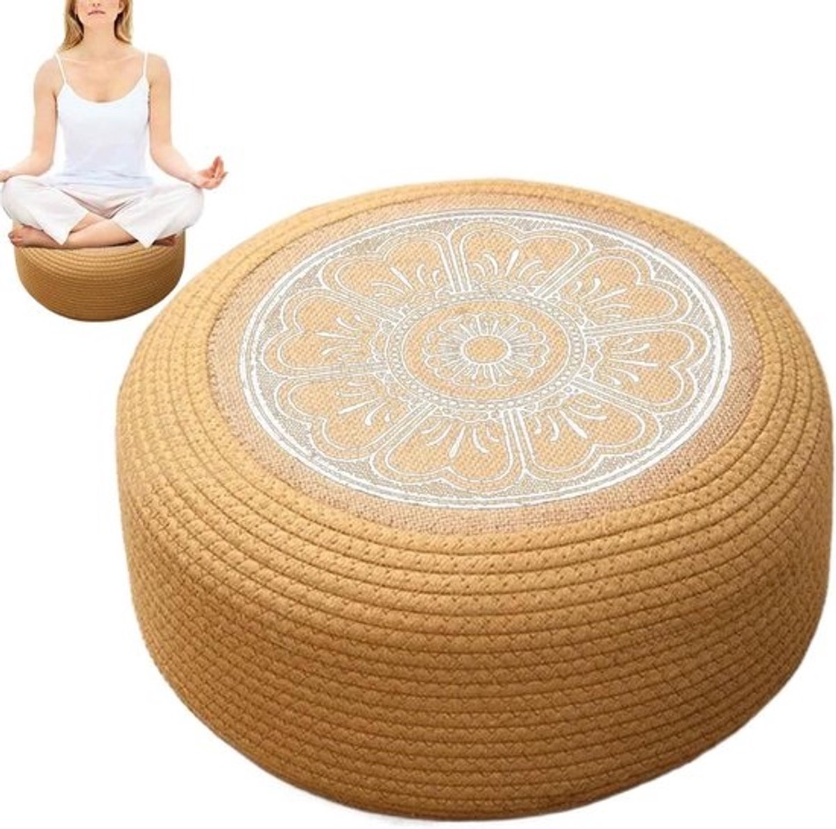 Buiten poef - Voetenbank kussen - Terras ontspanning - Handgeweven rotan - 40cm diameter - Wit