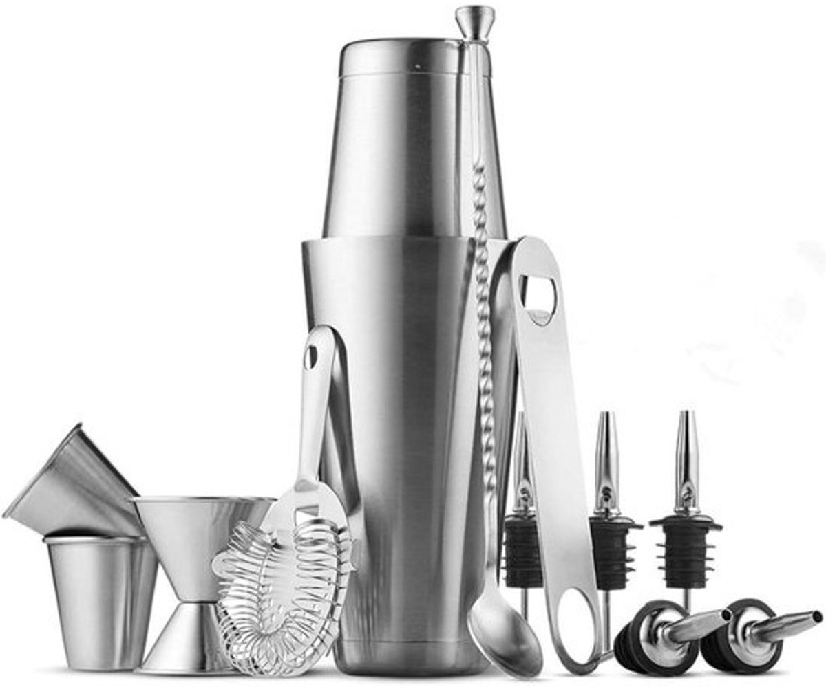 Cocktail Barset - Barman Kit - Cocktails Maken - 12-delig Roestvrij Staal - 1200 Gram - Blauw Zilver