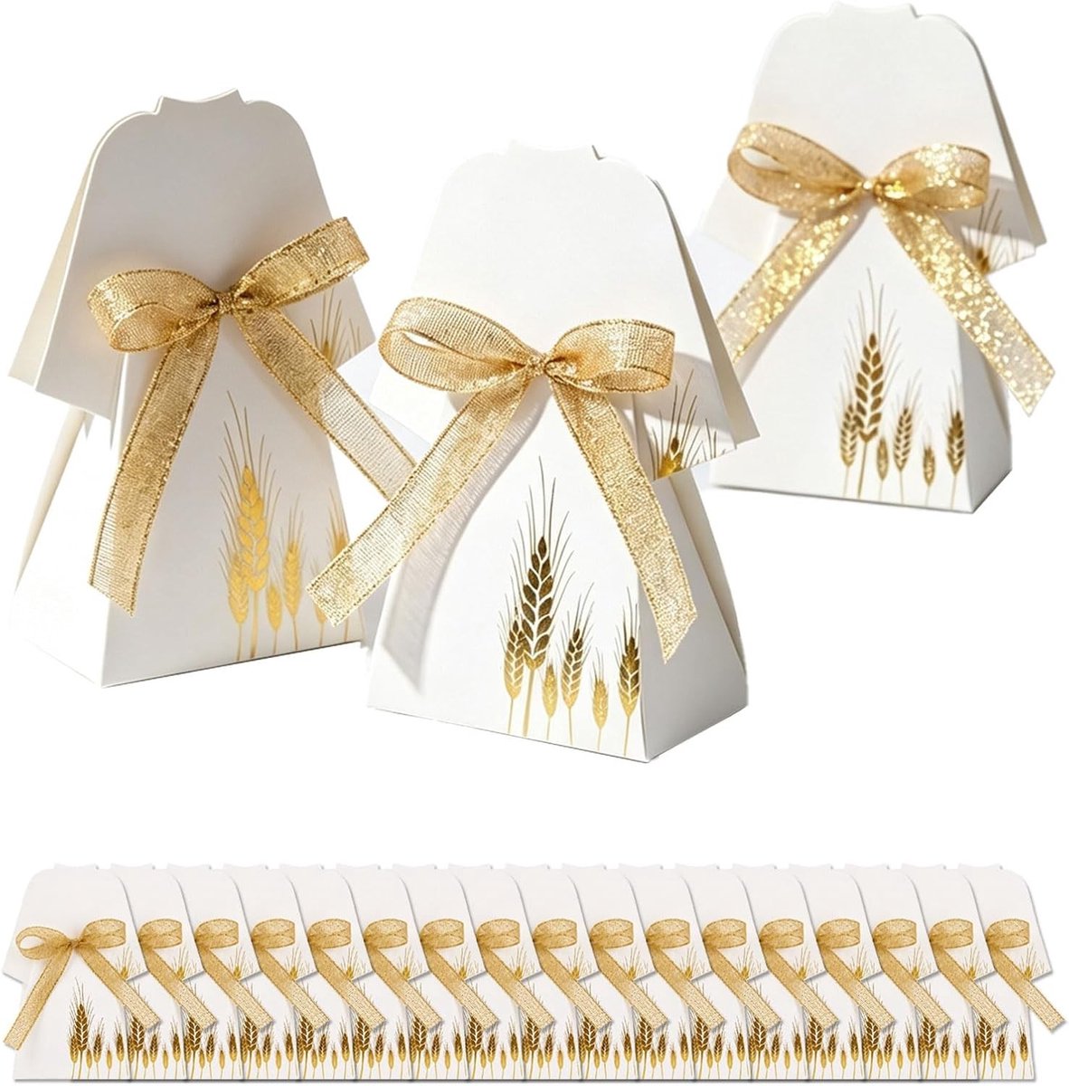 Set van 20 mini cadeauzakjes met strikken – Elegante papieren zakjes met tarwemotief en gouden linten, kleine geschenkzakjes voor bruiloften en feestdagen