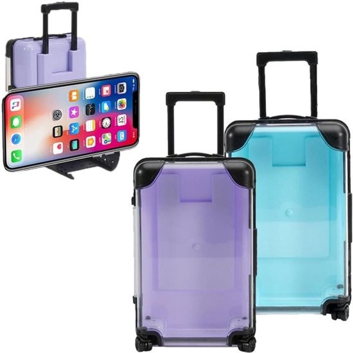 Mini Spaarpotten Koffer - Spaarpot Set Cadeaukoffer - Reisgeld Sparen - Met Telefoonhouder - Set van 2 - Meerkleurig