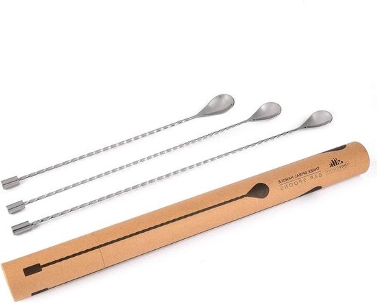 Barlepels Set - Cocktaillepels Mixen - Drankjes Roeren - Spiraal Handgreep - 3 stuks - Zilver