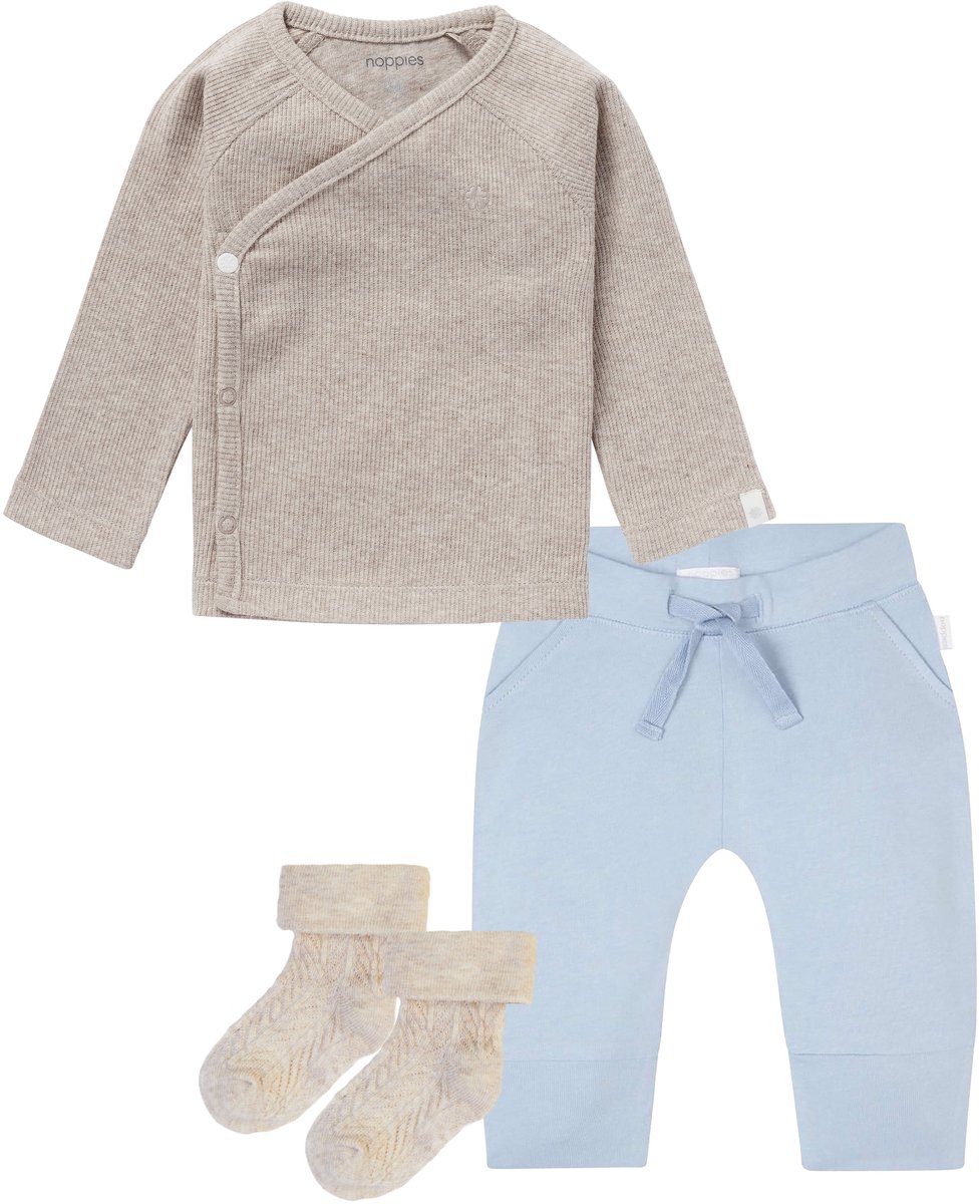 Noppies - Kledingset - 3 delig - Broek Naupli Lichtblauw - Shirt Nanyuki overslagshirt Taupe - 1 paar sokjes Taupe -Maat 56
