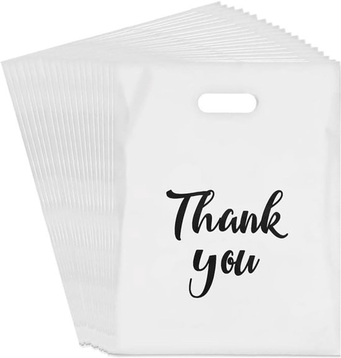 Dankjewel-cadeauzakjes - 100 stuks plastic zakjes voor detailhandel - wit - herbruikbare plastic zakken met handvat - voor kleine bedrijven - winkels - boetieks - duurzame verpakkingen
