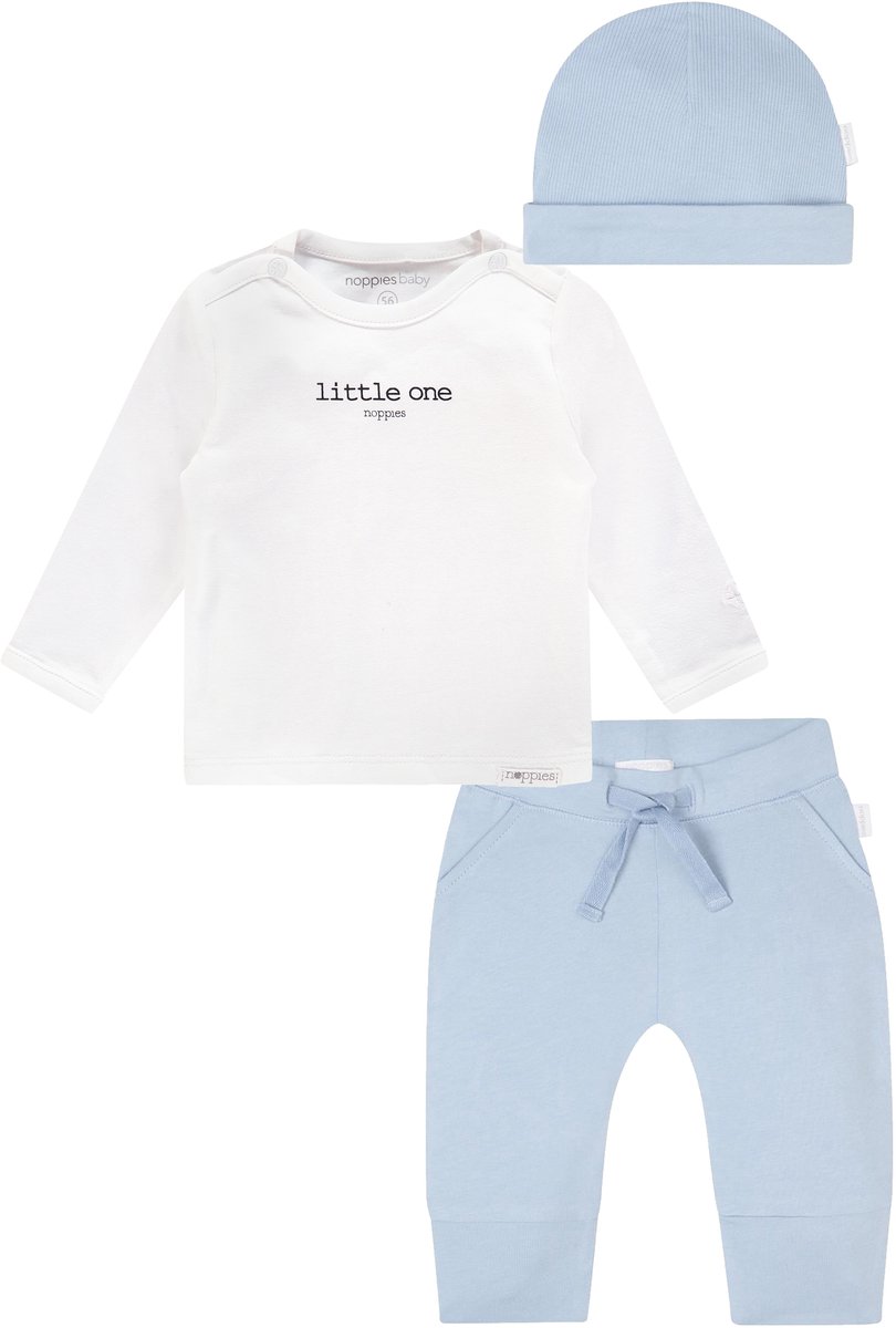 Noppies kledingset - 3delig - Broek Naupli lichtblauw - Shirt Hester wit - Muts Nimbin - Maat 50