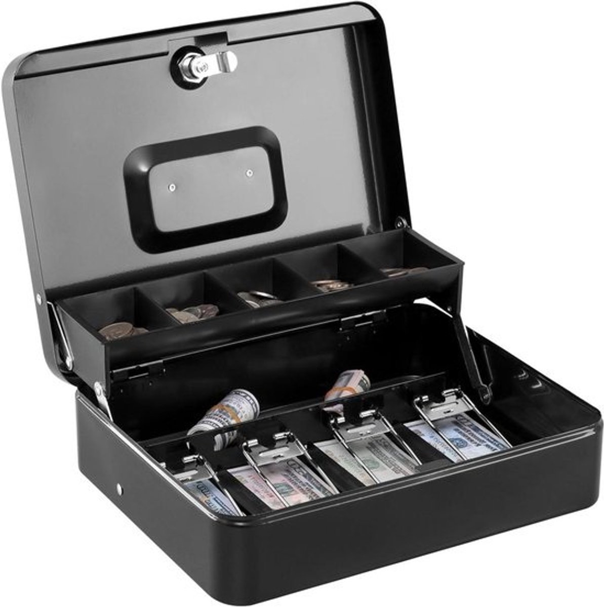 Geldkist met Sleutel - Spaarpot Kassa - Geld Opslaan - Veerklemmen voor Biljetten - 30 x 24 x 9 cm